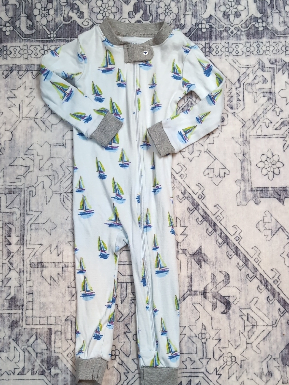 Burt's Bees Baby Blue Sailboat-Print Zip Sleeper with Gray Trim 12m